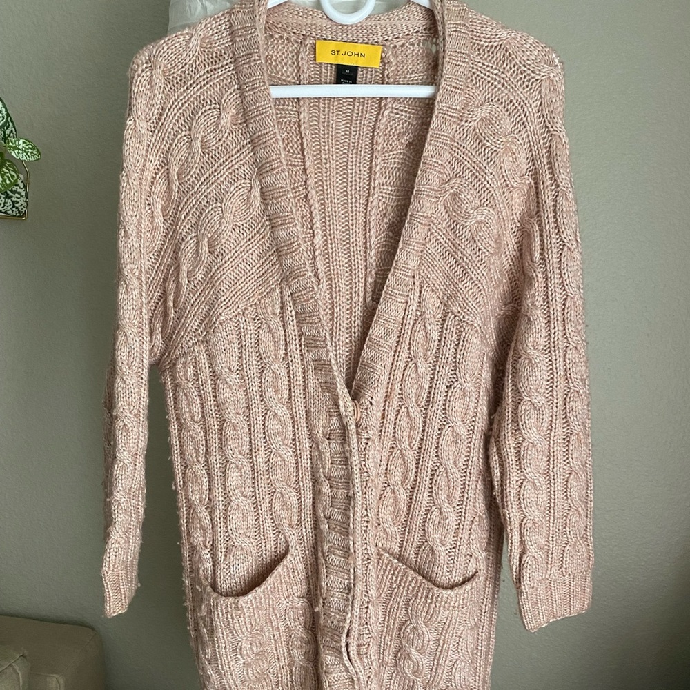 St. John 3/4 Sleeve Wool Blend Cable Knit Cardigan